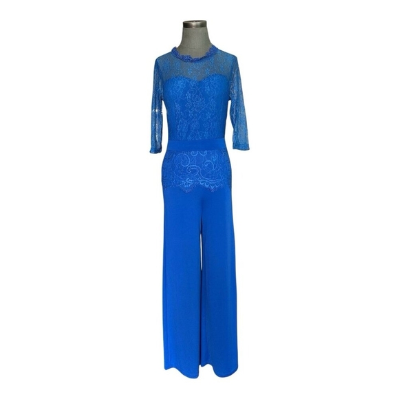Royal Blue Lace Jumpsuit Wide Leg Formal Evening Party Romper Size M - Picture 2 of 6